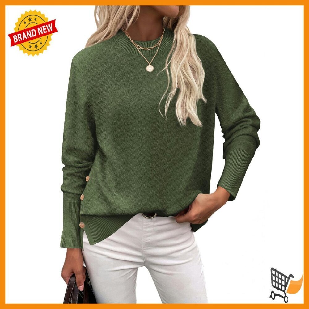 Loose Knit Side Button Pullover Sweater Tunic Length Casual Crewneck
